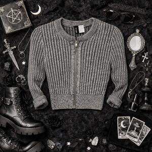 Divided H&M Gray Black Fitted Cropped Zip Up Sweater XS Grunge Goth